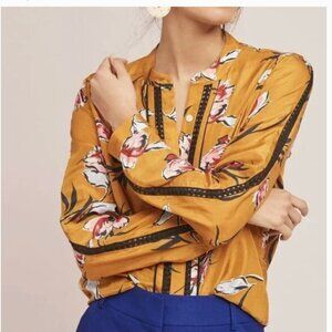 Vineet Bahl x Anthropologie Gold Floral Silk Catriona Blouse NWT SzM